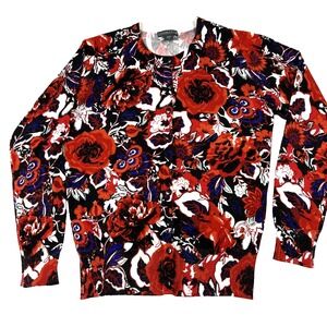 COVINGTON Women‎ L Black Red Blue Floral Cardigan Sweater Full Button Classic